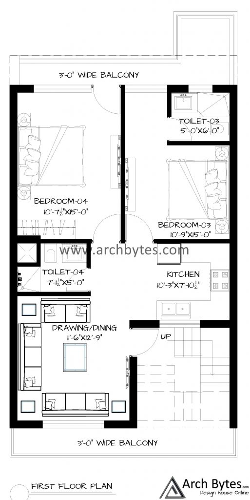 22' by 50' house design first floor plan