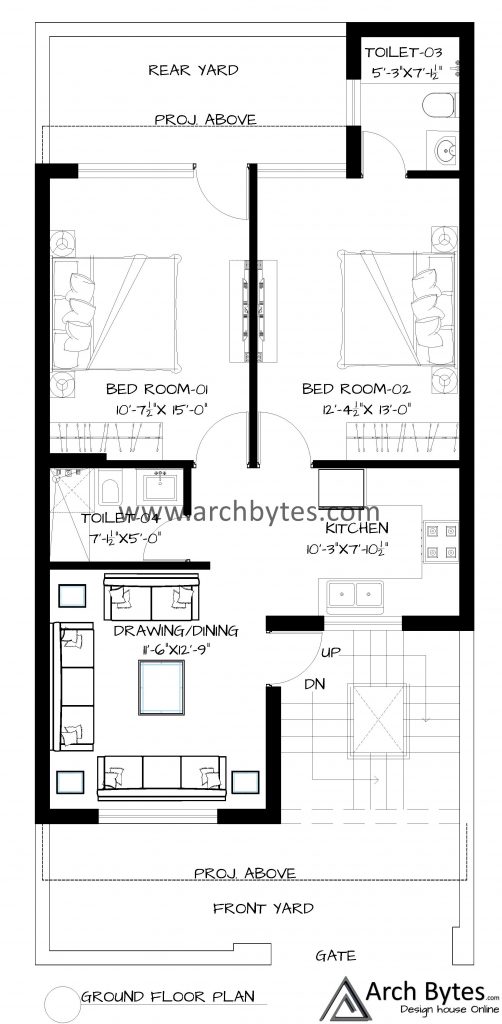 22' by 50' house design ground floor plan