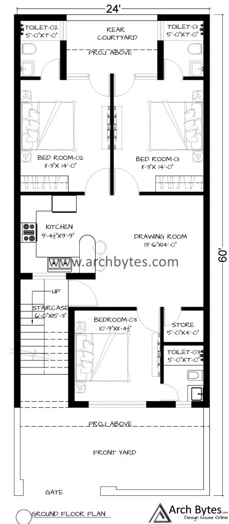 24' by 60' house design ground floor plan 