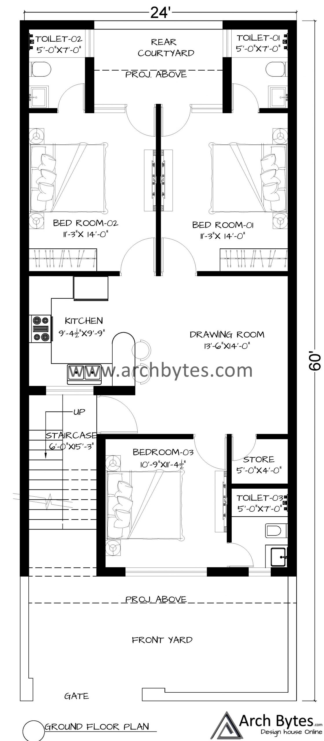 House Plan For 24 X 60 Feet Plot Size 160 Sq Yards Gaj Archbytes