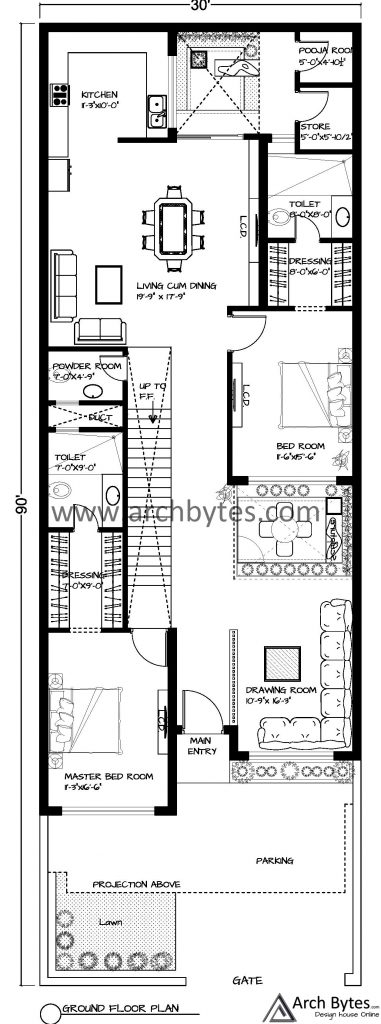 30 x 90 feet house ground floor plan