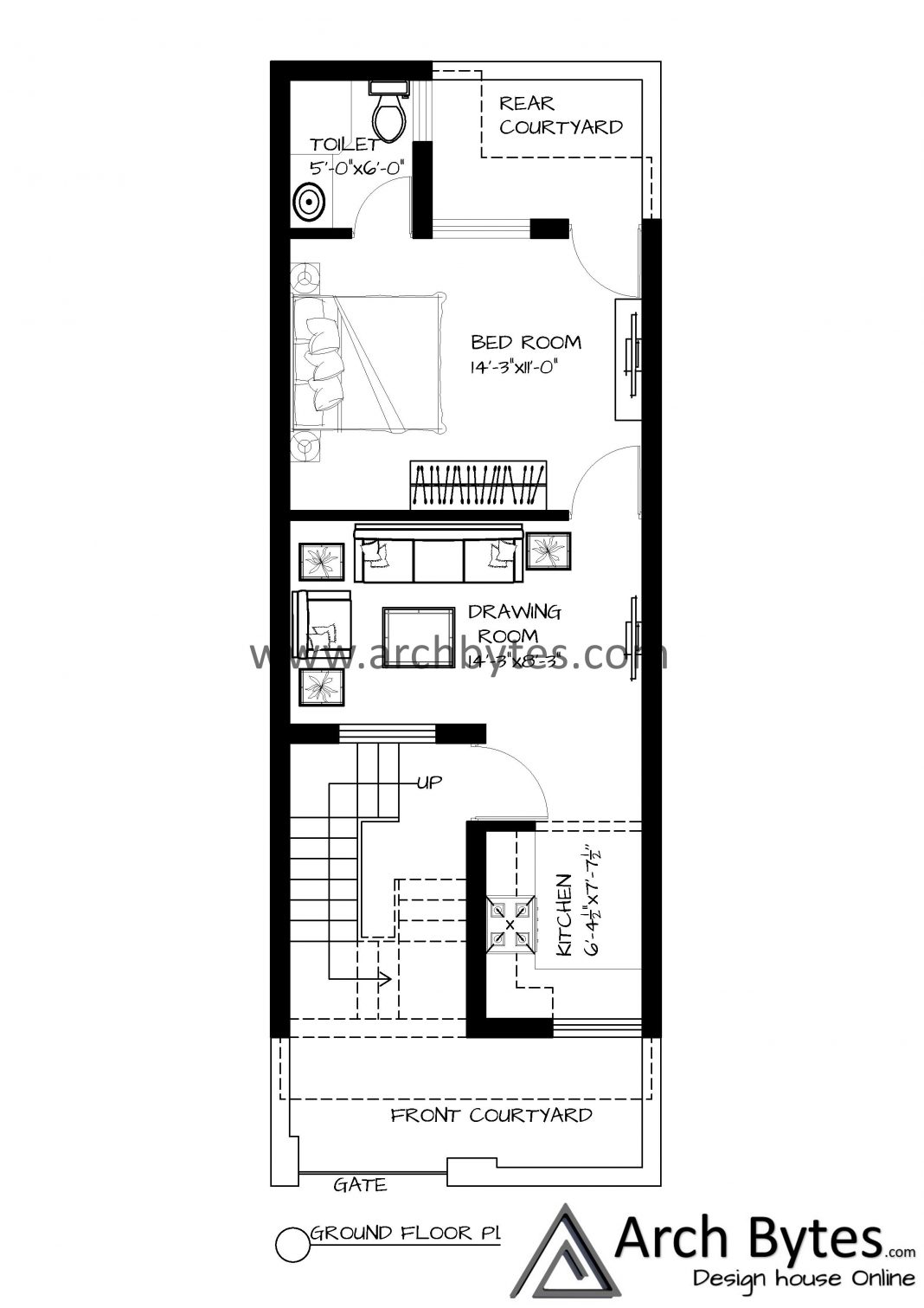 House Plan for 15x45 Feet Plot Size 75 Square Yards (Gaj) | Archbytes