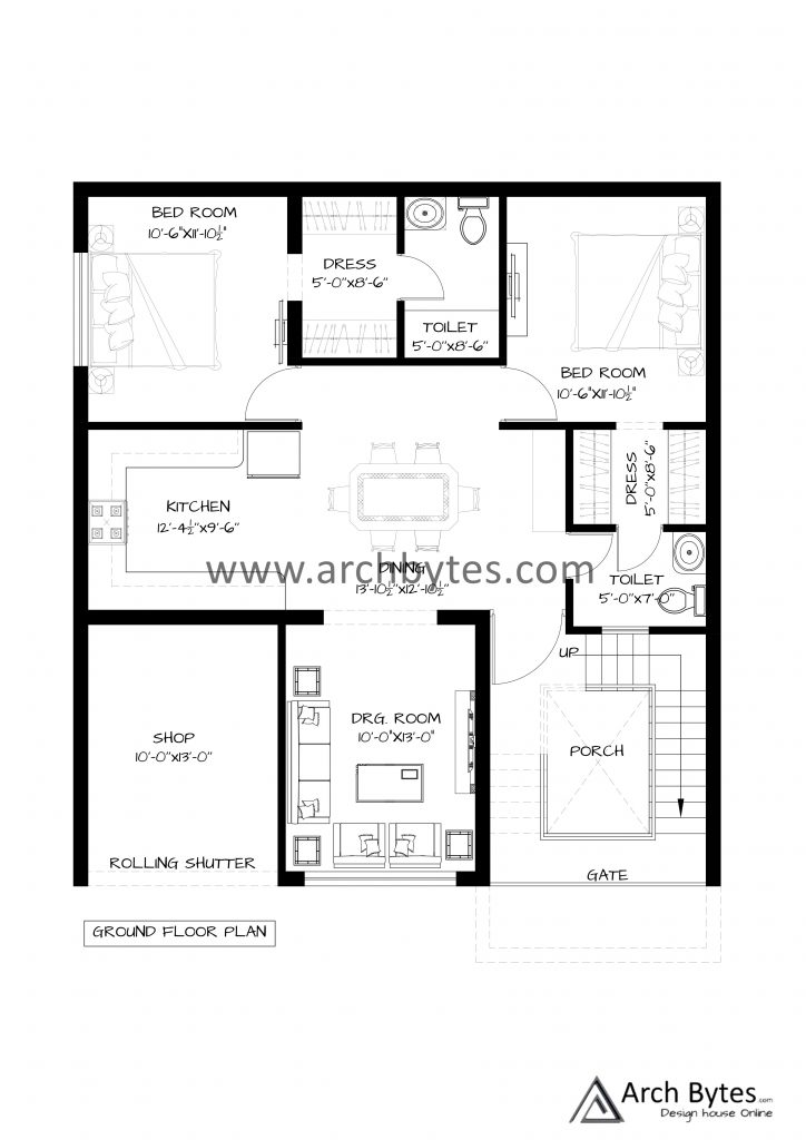 House Plan for 34x37 Feet Plot Size- 140 Sq Yards (Gaj) | Archbytes